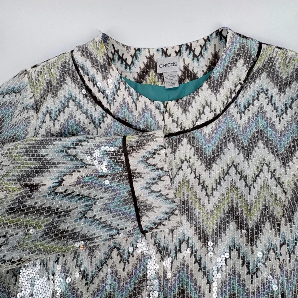 Chicos Sequin Chevron Zigzag Jacket Blue Green Metallic Hook Eye‎ Size 3 XL